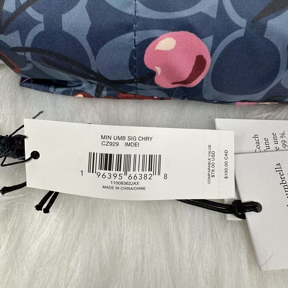 Coach UV Protection Mini Umbrella In Signature Cherry Print Denim NWT CZ929 - Picture 4 of 6